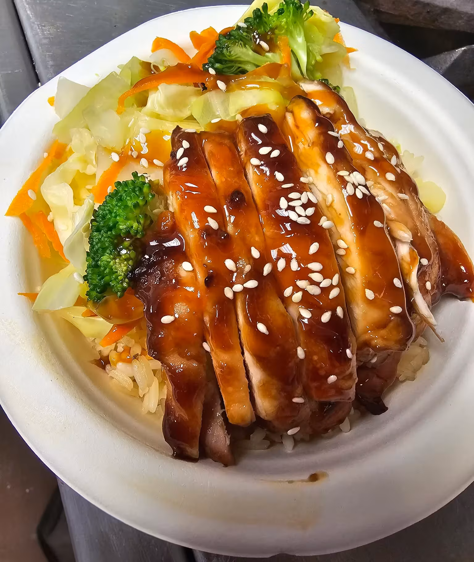 Chicken teriyaki rice bowl with vegetables