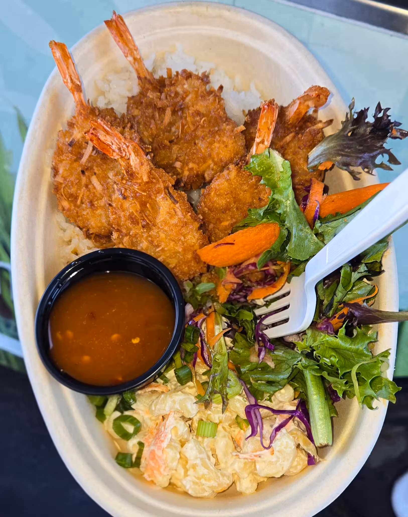 Coconut shrimp tempura rice bowl with macaroni salad